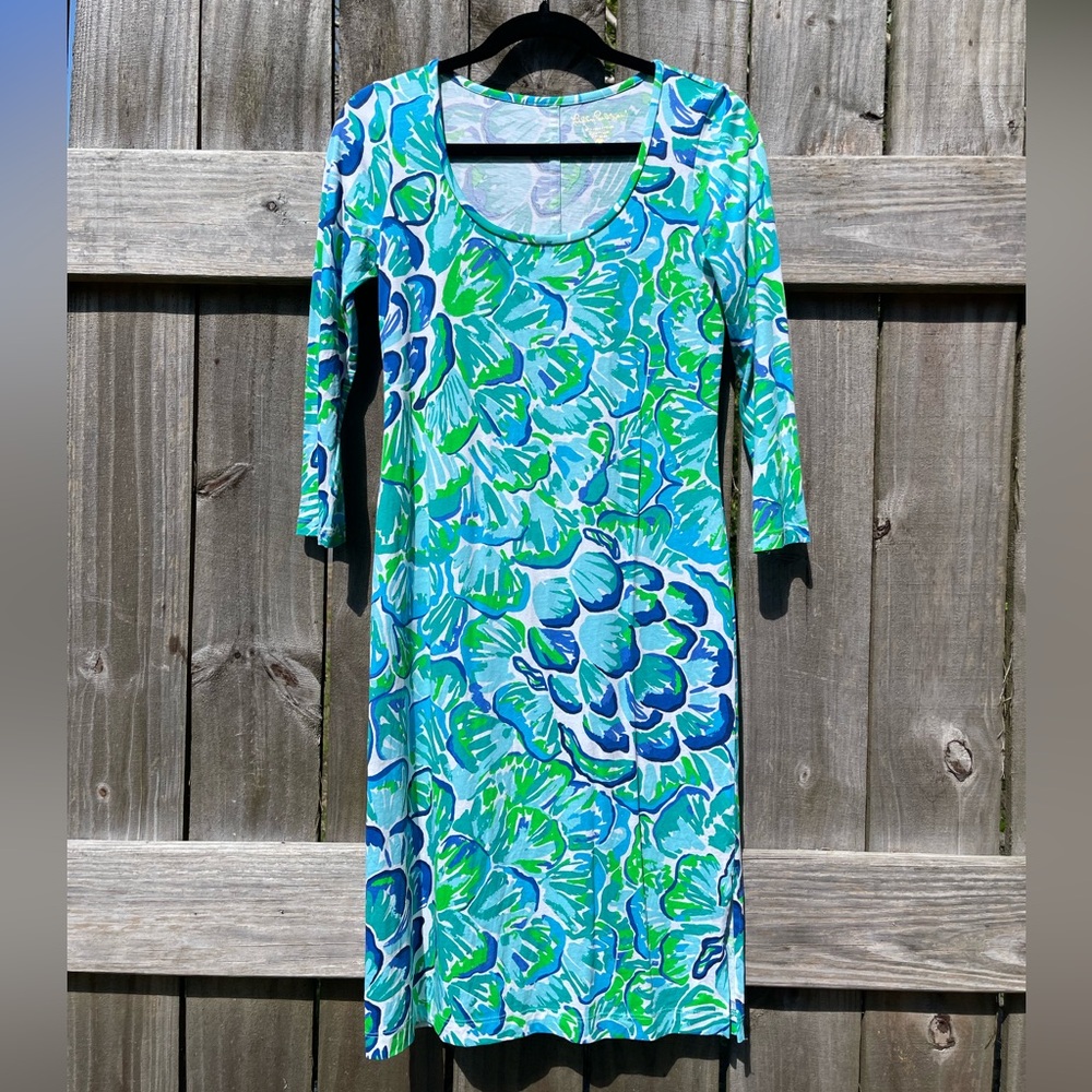 Lilly Pulitzer Blue & Green Floral Pima Cotton Dress Size XS Excellent Condition